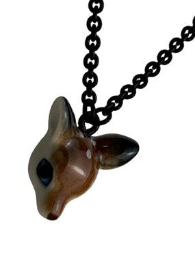 Dainty Hand Painted Ceramic Fawn Deer Pendant Necklace Tiny Kitsch Cute